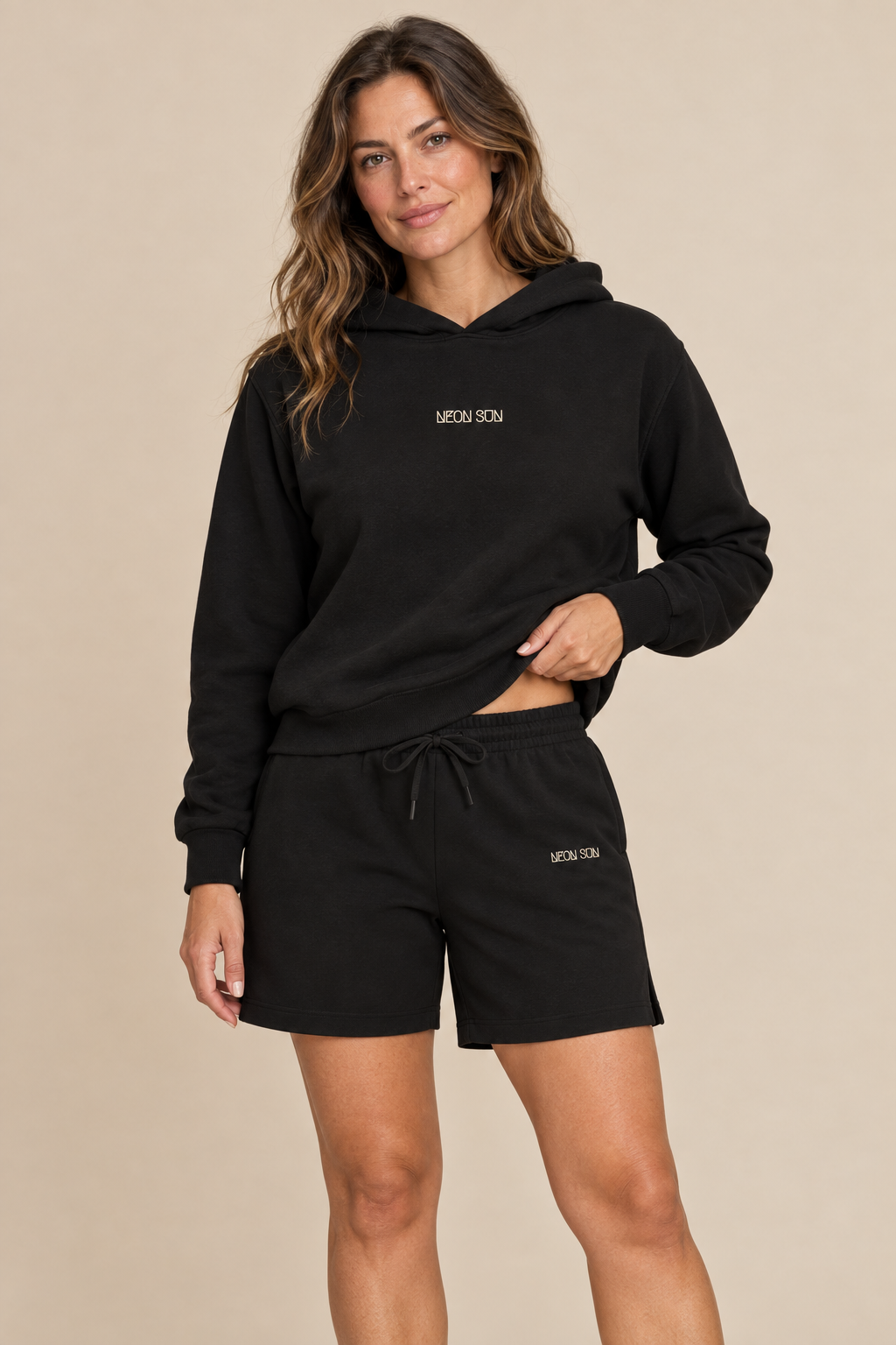 NEON SUN hoodie and shorts mockup